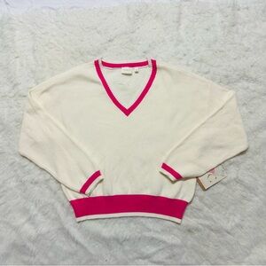 Cyrus Cream V-Neck Sweater with Hot Pink Trim